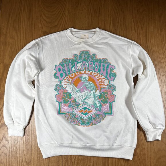 Billabong Skeleton Surf Graphic Sweatshirt White Retro Floral Surf Tee – Size S - Picture 2 of 9